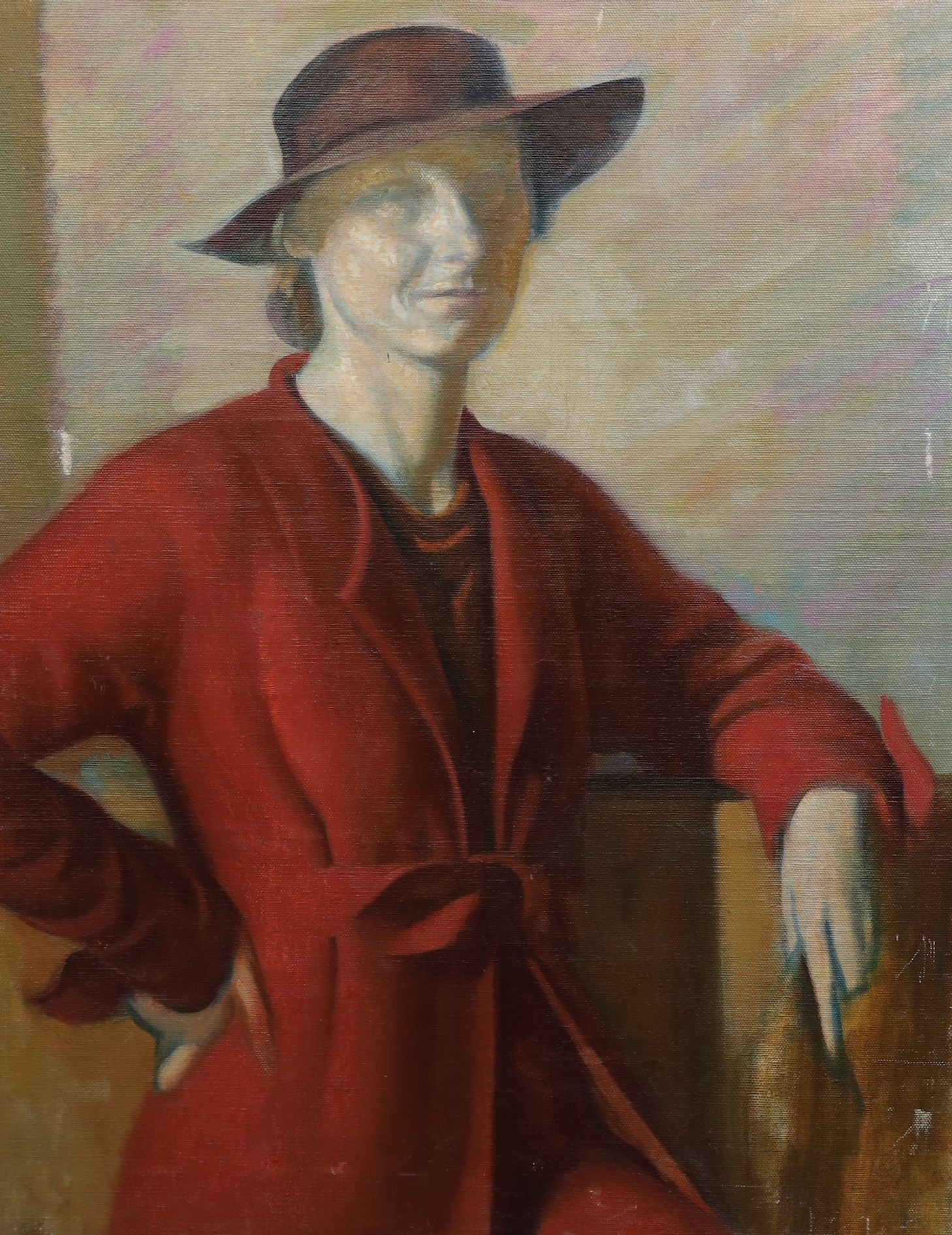 James Stroudley (British, 1906-1985), Portrait of a woman wearing a red coat, oil on canvas, 92 x 71cm, unframed